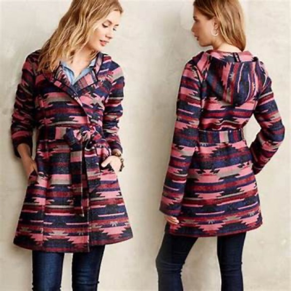 Anthropologie Pink and Blue Patterned Coat